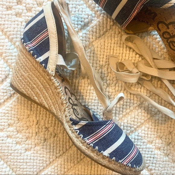 Sam Edelman Espadrille Blue and Red Striped Wedge Sandals - Picture 5 of 10